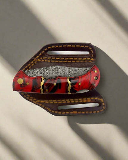 Handmade Damascus Folding Pocket Knife – Red Resin Handle & Leather Sheath