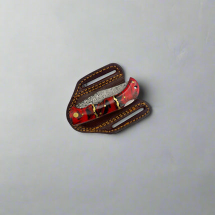 Handmade Damascus Folding Pocket Knife – Red Resin Handle & Leather Sheath