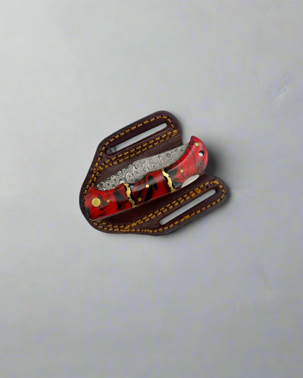 Handmade Damascus Folding Pocket Knife – Red Resin Handle & Leather Sheath