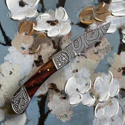 POCKET KNIFE WALNUT WOOD 6.5'' DAMASCUS STEEL KNIFE STEEL BOLSTER BACK LOCK FOLDING KNIFE TF-010