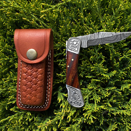 POCKET KNIFE WALNUT WOOD 6.5'' DAMASCUS STEEL KNIFE STEEL BOLSTER BACK LOCK FOLDING KNIFE TF-010