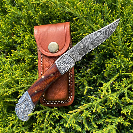 POCKET KNIFE WALNUT WOOD 6.5'' DAMASCUS STEEL KNIFE STEEL BOLSTER BACK LOCK FOLDING KNIFE TF-010