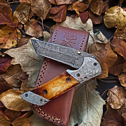American Eagle - Raindrop Damascus folding blade/ EDC/ Eagle engraved Steel Bolster TF-021X