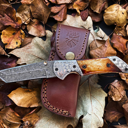 American Eagle - Raindrop Damascus folding blade/ EDC/ Eagle engraved Steel Bolster TF-021X
