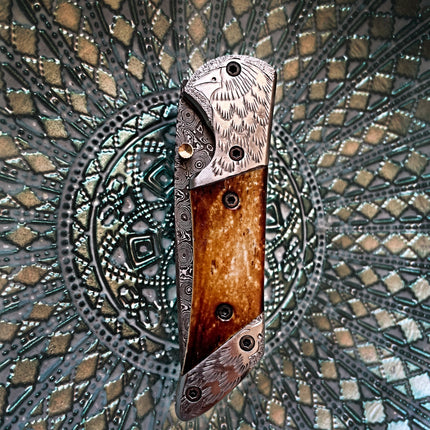 American Eagle - Raindrop Damascus folding blade/ EDC/ Eagle engraved Steel Bolster TF-021X