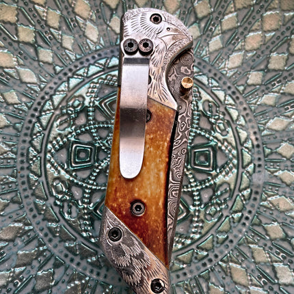 American Eagle - Raindrop Damascus folding blade/ EDC/ Eagle engraved Steel Bolster TF-021X