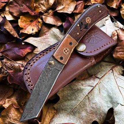 Damascus Steel Folding Knife Tanto Blade Engraved Walnut Handle and Copper Bolster Pocket Samurai X TF-012