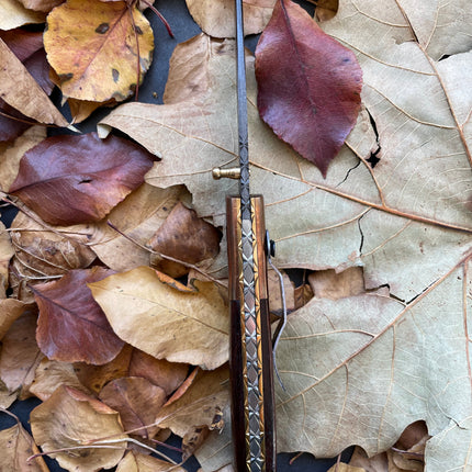 Damascus Steel Folding Knife Tanto Blade Engraved Walnut Handle and Copper Bolster Pocket Samurai X TF-012