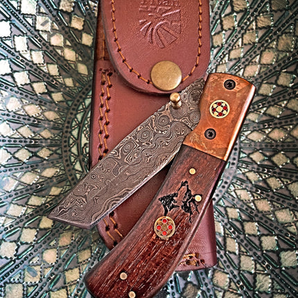 Damascus Steel Folding Knife Tanto Blade Engraved Walnut Handle and Copper Bolster Pocket Samurai X TF-012
