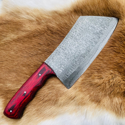 Custom Damascus steel cleaver Red Handle (Cleaver-red)