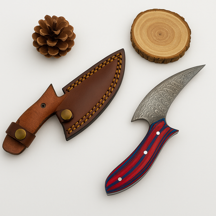 Hand-Forged Damascus Alaskan ULU Knife – Diamond Wood Handle with Leather Sheath