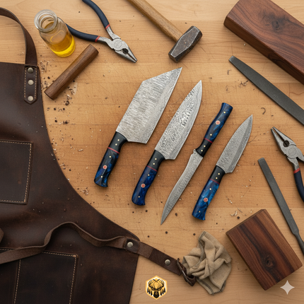 Real Damascus Steel 5-Piece Chef Knife Set with Leather Roll Blue Resin Handle