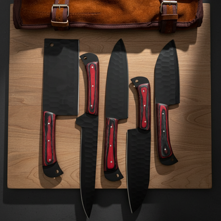 "Midnight Inferno" 5-Piece BBQ Knife Set | Hand Forged Black Hammered Steel | Red Wood Handles
