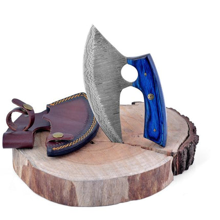Custom Alaskan Ulu style blade, perfect for outdoors and indoor use, diamond wood (Blue and black)