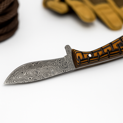 Damascus Steel Hunting & Skinning Knife – Patterned Wooden Handle | Hand-Forged EDC Blade