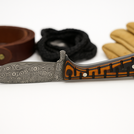 Damascus Steel Hunting & Skinning Knife – Patterned Wooden Handle | Hand-Forged EDC Blade
