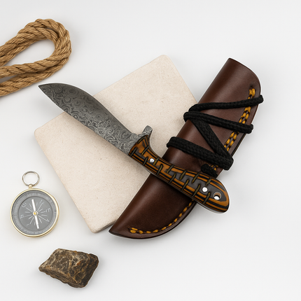 Damascus Steel Hunting & Skinning Knife – Patterned Wooden Handle | Hand-Forged EDC Blade