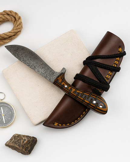Damascus Steel Hunting & Skinning Knife – Patterned Wooden Handle | Hand-Forged EDC Blade