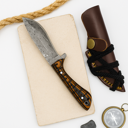 Damascus Steel Hunting & Skinning Knife – Patterned Wooden Handle | Hand-Forged EDC Blade