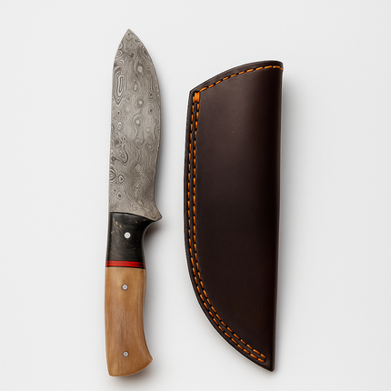 Hand-Forged Damascus Steel Skinner Knife – Bone Handle with Leather Sheath