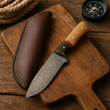 Hand-Forged Damascus Steel Skinner Knife – Bone Handle with Leather Sheath
