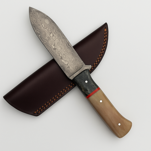 Hand-Forged Damascus Steel Skinner Knife – Bone Handle with Leather Sheath