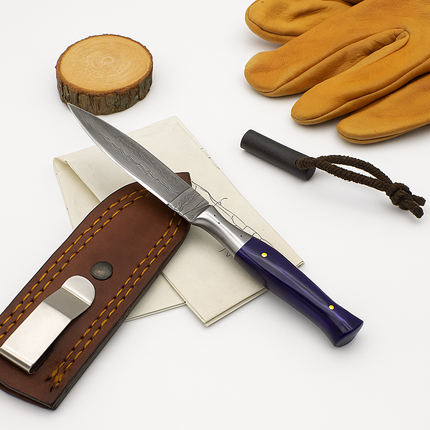 Damascus Steel EDC & Spear Point Knife – Purple Resin Handle with Leather Sheath