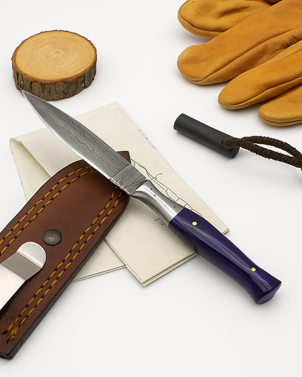 Damascus Steel EDC & Spear Point Knife – Purple Resin Handle with Leather Sheath