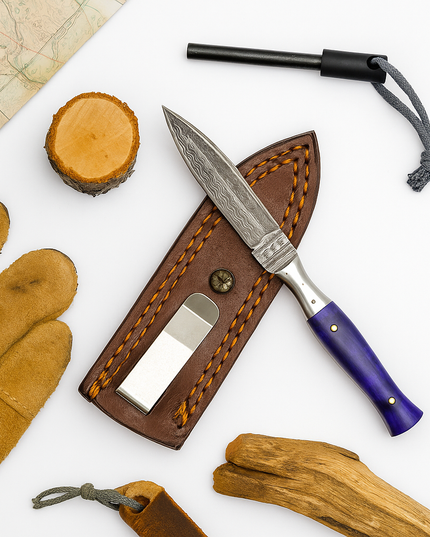 Damascus Steel EDC & Spear Point Knife – Purple Resin Handle with Leather Sheath