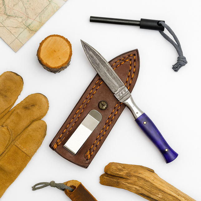 Damascus Steel EDC & Spear Point Knife – Purple Resin Handle with Leather Sheath