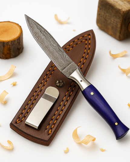 Damascus Steel EDC & Spear Point Knife – Purple Resin Handle with Leather Sheath