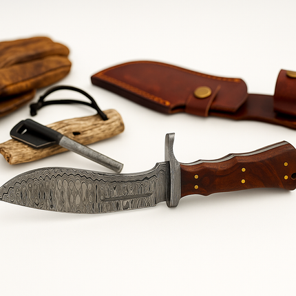 Hand-Forged Damascus Skinner Knife – Curved Blade with Wooden Handle & Leather Sheath
