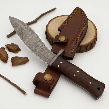 Hand-Forged Damascus Skinner Knife – Curved Blade with Wooden Handle & Leather Sheath