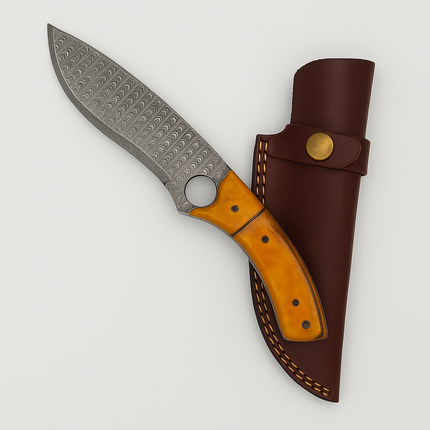 Handmade Damascus Steel Fixed Blade Knife – Yellow Resin Handle with Finger Ring & Leather Sheath