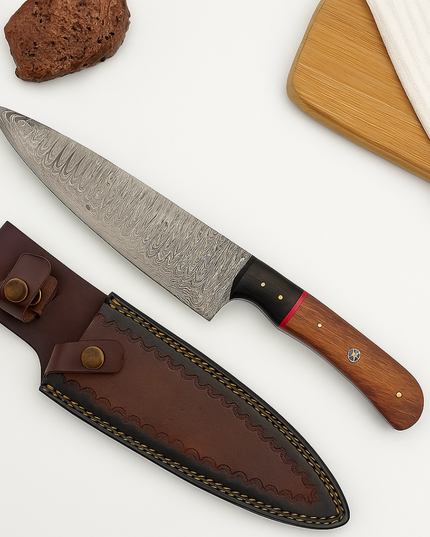 Knife with wooden handle and leather sheath on a white background