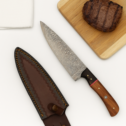 Hand-Forged Damascus Steel Chef Knife – Olive & Walnut Handle with Mosaic & Brass Pins