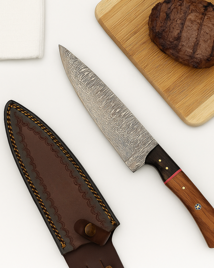 Hand-Forged Damascus Steel Chef Knife – Olive & Walnut Handle with Mosaic & Brass Pins