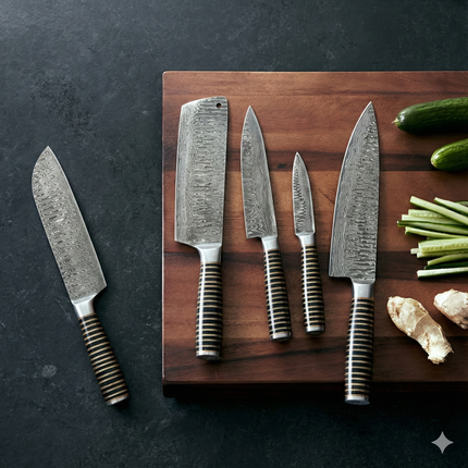 5-Piece Hand-Forged Damascus Kitchen Knife Set — Stacked Black Buffalo Horn & Brass Handles