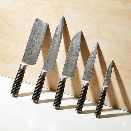 5-Piece Hand-Forged Damascus Kitchen Knife Set — Stacked Black Buffalo Horn & Brass Handles
