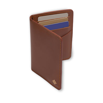 Brown leather wallet with card slots on a white background