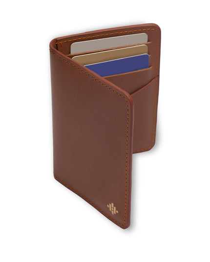 Brown leather wallet with card slots on a white background