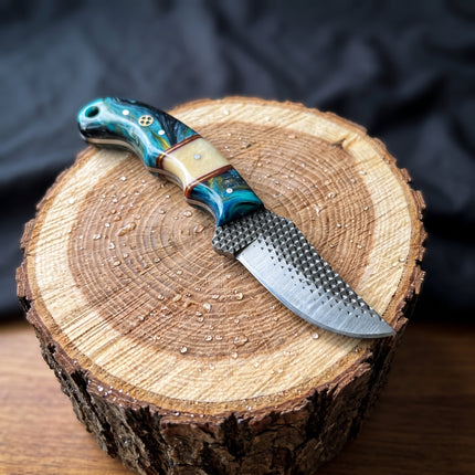 "Lagoon Swirl" Resin Skinner | High Carbon RASP Steel Blade, Teal Resin Handle TIK-001