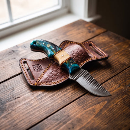 "Lagoon Swirl" Resin Skinner | High Carbon RASP Steel Blade, Teal Resin Handle TIK-001