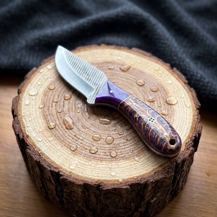 "Violet Burl" Skinner | High Carbon RASP Steel Blade, Burl Wood Handle TIK-003