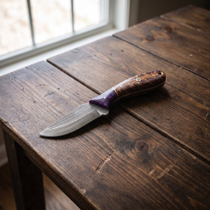 "Violet Burl" Skinner | High Carbon RASP Steel Blade, Burl Wood Handle TIK-003