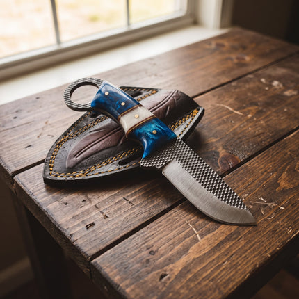 "Sapphire Hook" Hawkbill Skinner | High Carbon RASP Steel Blade, Blue Pearl Handle TIK-006