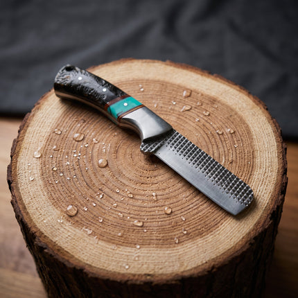 "Sierra Turquoise" Ram Horn Skinner | High Carbon RASP Steel Blade, Turquoise Inlay TIK-007