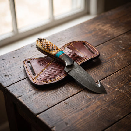 "Amber Turquoise" Damascus Gut-Hook Skinner | Genuine Damascus Steel Blade, Turquoise Inlay TIK-009