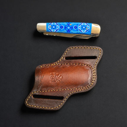 "Zellige Tile" High Carbon Double-Blade Folding Knife — Turquoise Mosaic Resin Handle | Hand-Tooled Leather Belt Sheath TF-119