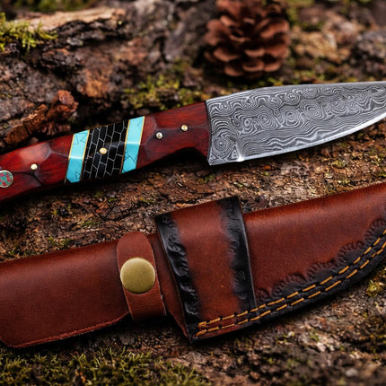 Hand-Forged Damascus Steel Drop Point Outdoor Utility Tool | Rosewood, Turquoise & Black Honeycomb Handle - TK-503